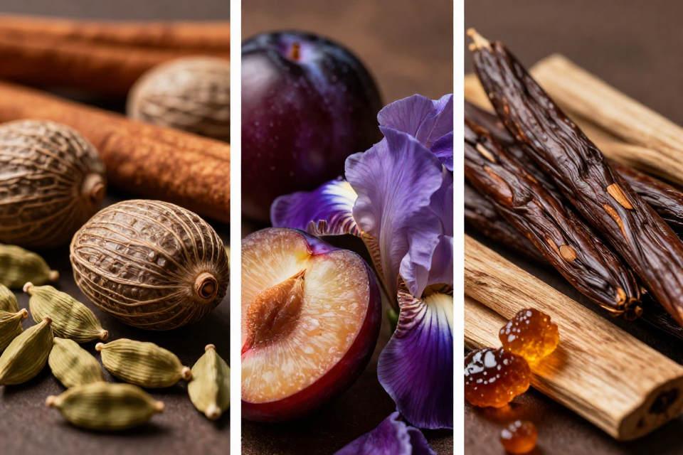 A three-panel triptych showcasing nutmeg, cinnamon, and cardamom, dark plums beside iris flowers, and rich tonka beans next to amber resin and sandalwood.