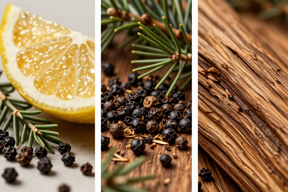 A three-panel triptych showcasing bergamot and black peppercorns, juniper branches with berries, and rich textured cedarwood logs from mountain ranges.