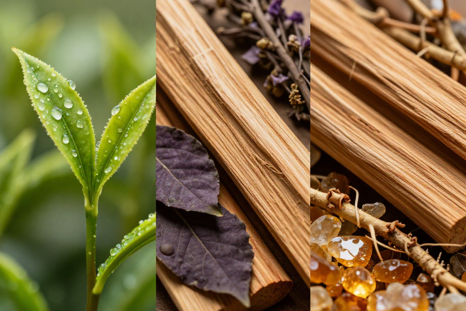 A three-panel triptych showcasing green tea and fresh grass, cedarwood logs beside violet leaves, and smooth sandalwood next to vetiver and amber crystals.