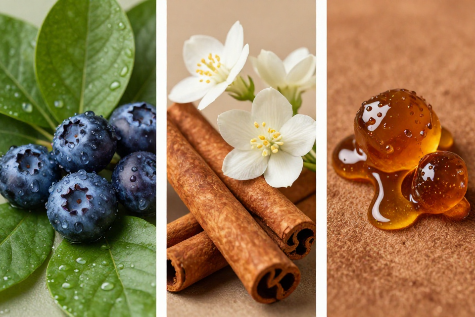 A three-panel triptych showcasing fresh violet leaves and blueberries, cedarwood with jasmine and cinnamon, and soft brown suede beside earthy oakmoss and golden caramel amber.