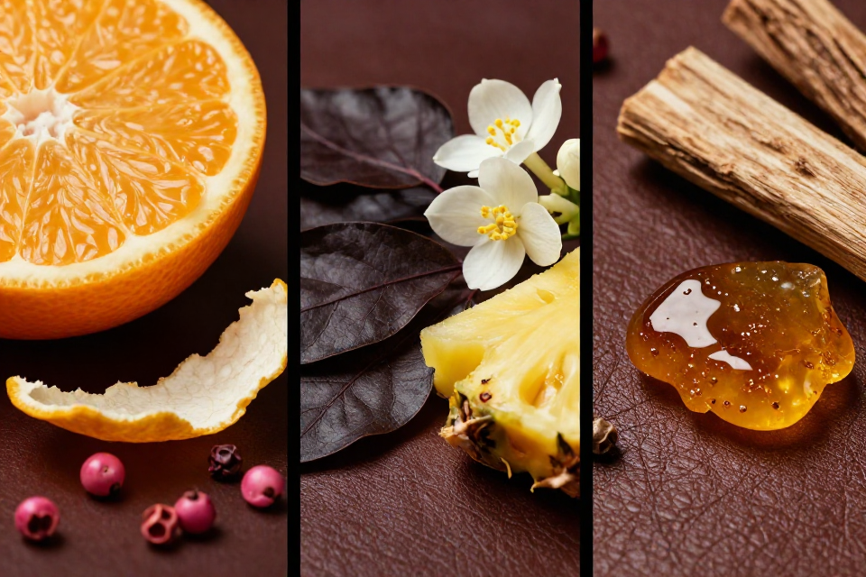 A three-panel triptych showcasing tangerine, bergamot, and pink pepper, patchouli leaves beside jasmine and pineapple, and rich brown leather next to amber and cashmere wood.