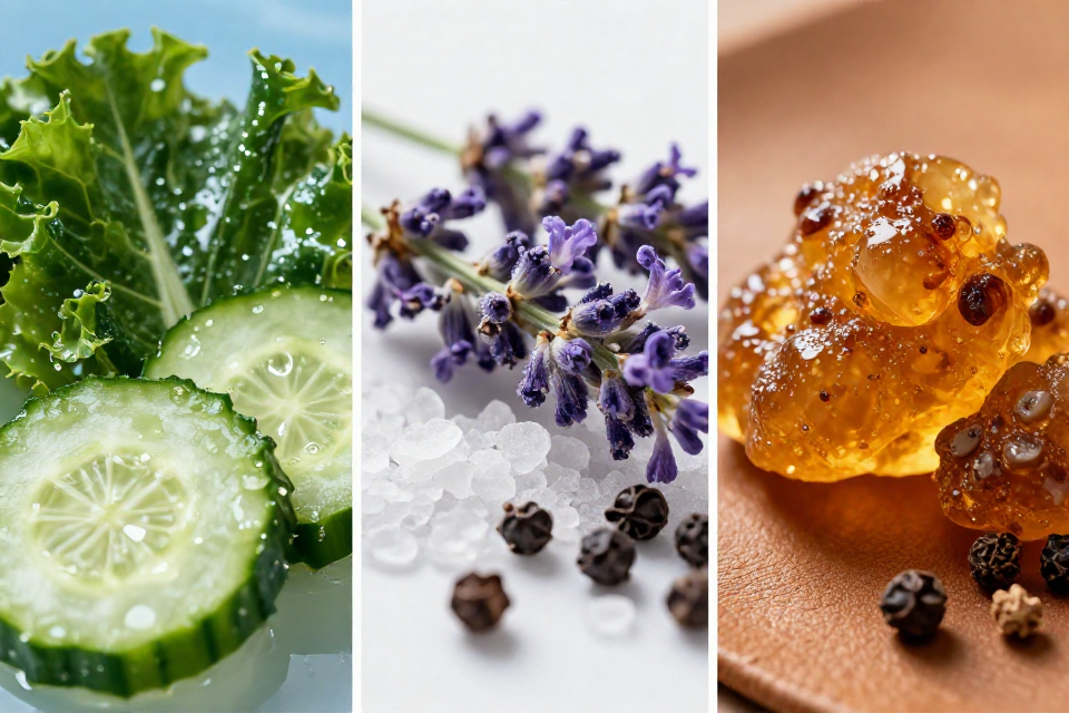 A three-panel triptych showcasing sea kale and cucumber, lavender with salt crystals and peppercorns, and ambergris chunks beside supple leather and oakmoss.