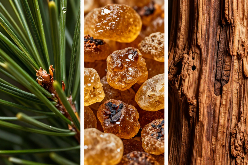 A three-panel triptych showcasing fresh pine needles, golden benzoin resin next to frankincense tears, and rich textured cedarwood logs from mountain ranges.