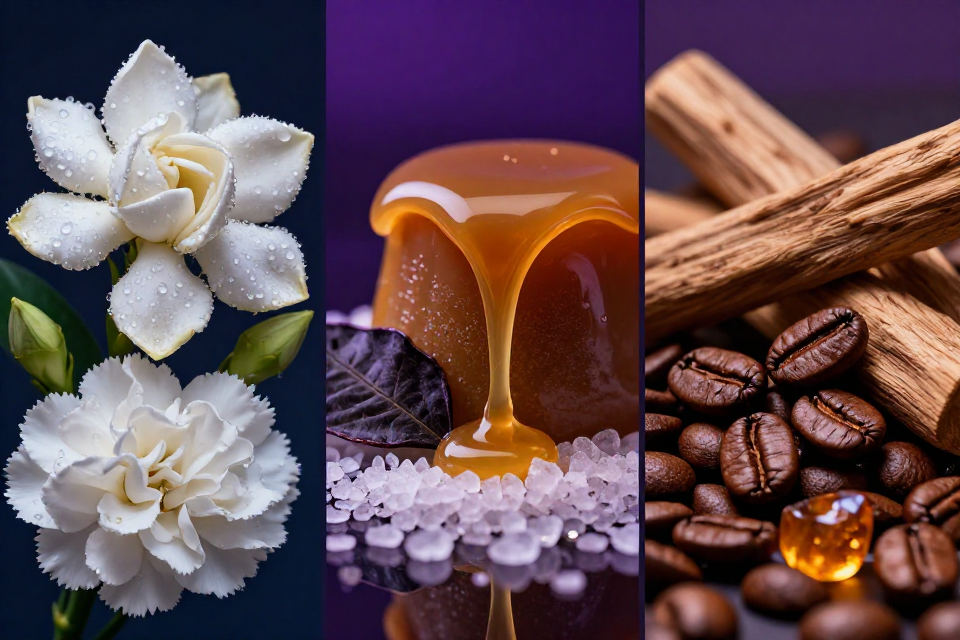 A three-panel triptych showcasing white gardenia and carnations, dripping caramel next to sea notes and patchouli, and roasted coffee beans beside sandalwood and amber.