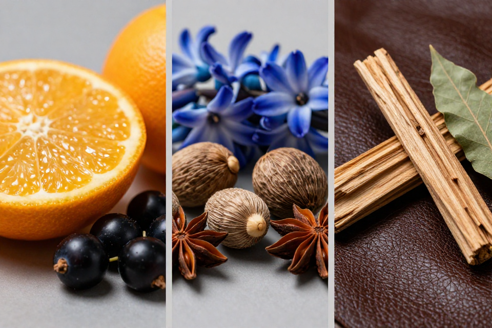 A three-panel triptych showcasing bergamot, mandarin, and blackcurrants, nutmeg and star anise beside hyacinth flowers, and rich dark leather next to cedarwood and patchouli.