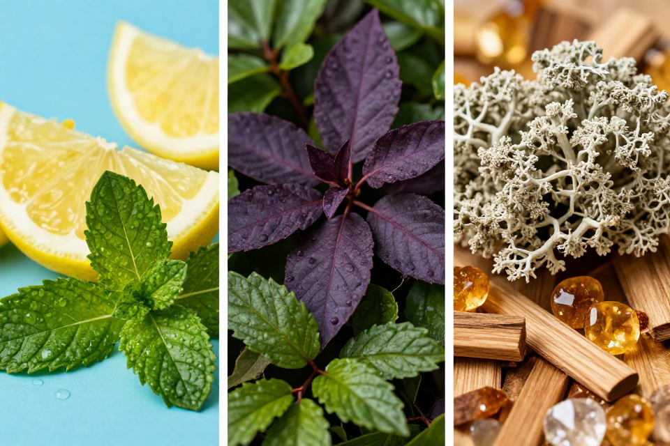 A three-panel triptych showcasing lemon and mint leaves, violet leaves beside green foliage, and white oakmoss next to amber crystals and wood fragments.