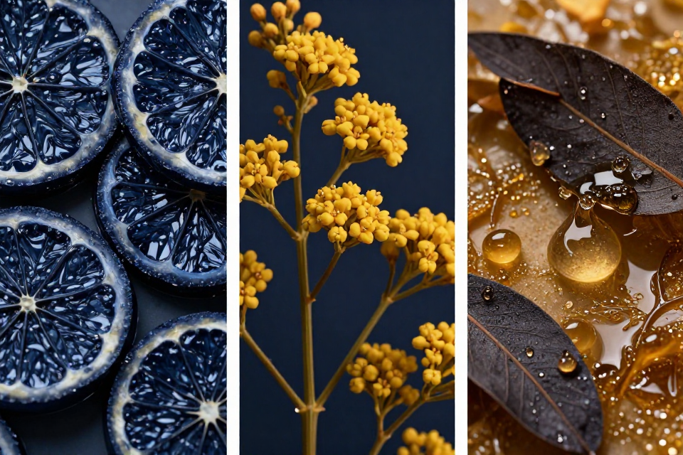 A three-panel triptych showcasing Calabrian bergamot with ocean spray, golden everlasting flower clusters, and resinous cistus tears next to patchouli leaves.