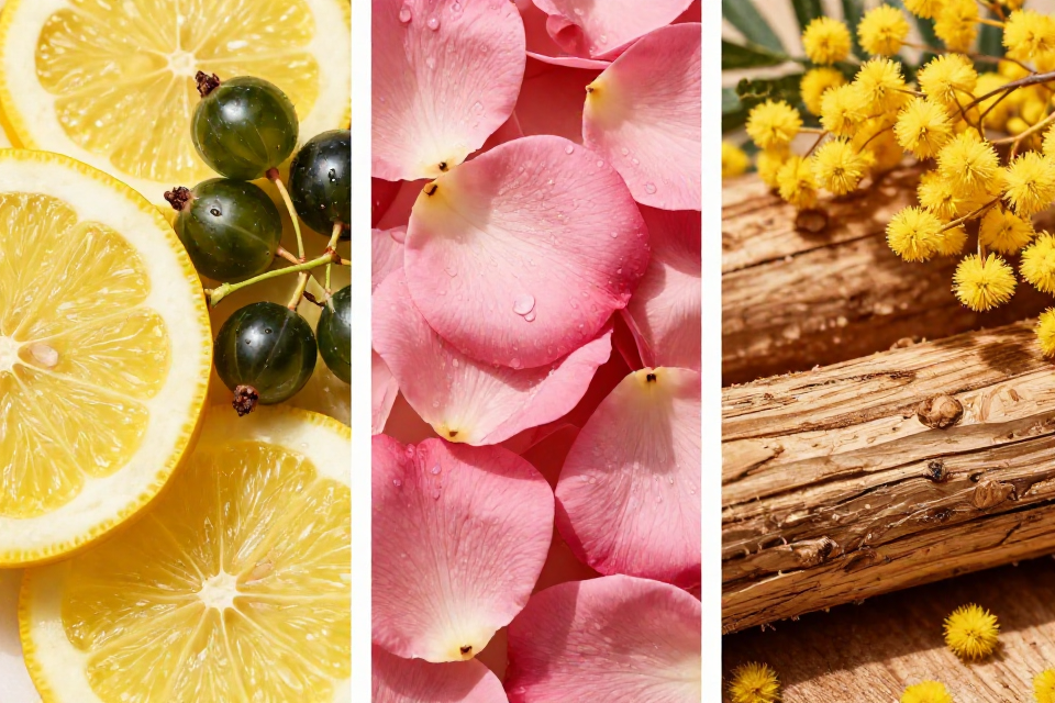 A three-panel triptych showcasing organic citron and blackcurrant buds, wild pink rose petals with dew, and cedarwood logs next to golden mimosa flowers.