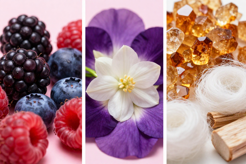 A three-panel triptych showcasing blackberries, blueberries, and raspberries, jasmine with violet petals, and dry amber crystals next to musk and cashmere wood.