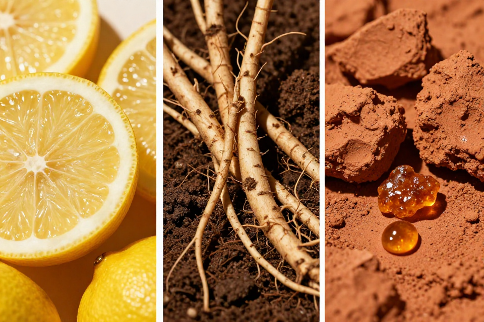 A three-panel triptych showcasing Italian citron slices, earthy vetiver roots in dark soil, and terracotta clay next to styrax tears.