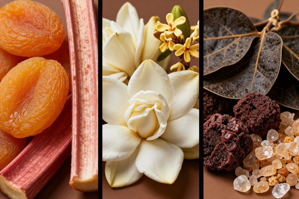 A three-panel triptych showcasing dried apricots and rhubarb, white gardenia and osmanthus flowers, and patchouli leaves next to oakmoss and animalic musk.