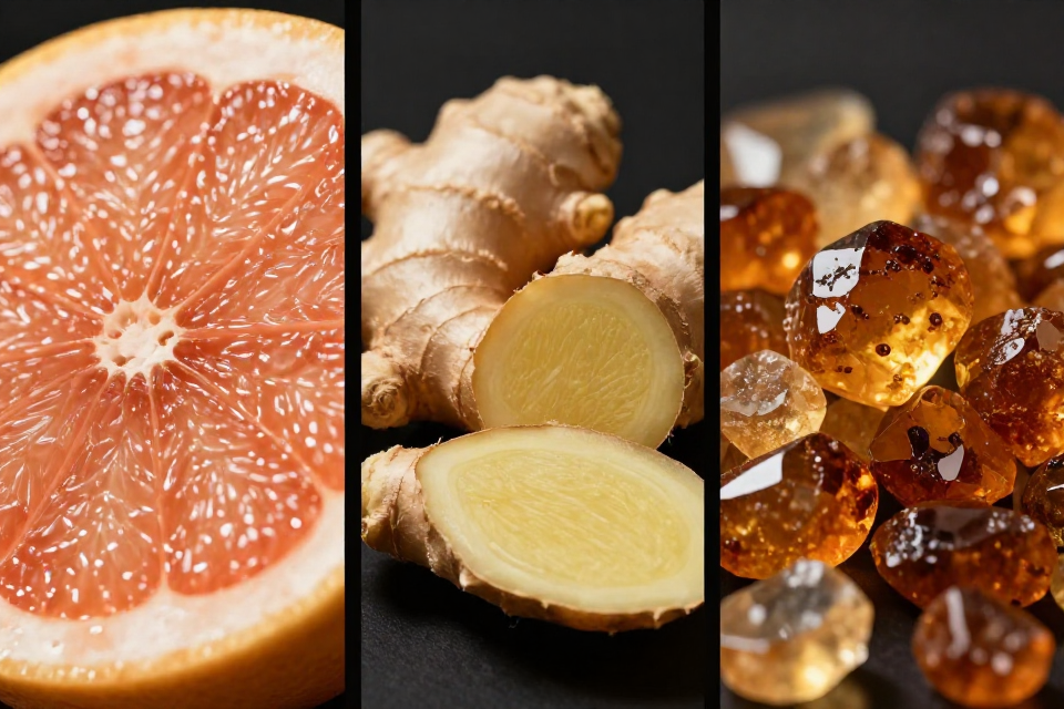 A three-panel triptych showcasing pink grapefruit slices, fresh ginger root, and golden-brown amber crystals next to raw ambroxan chunks.