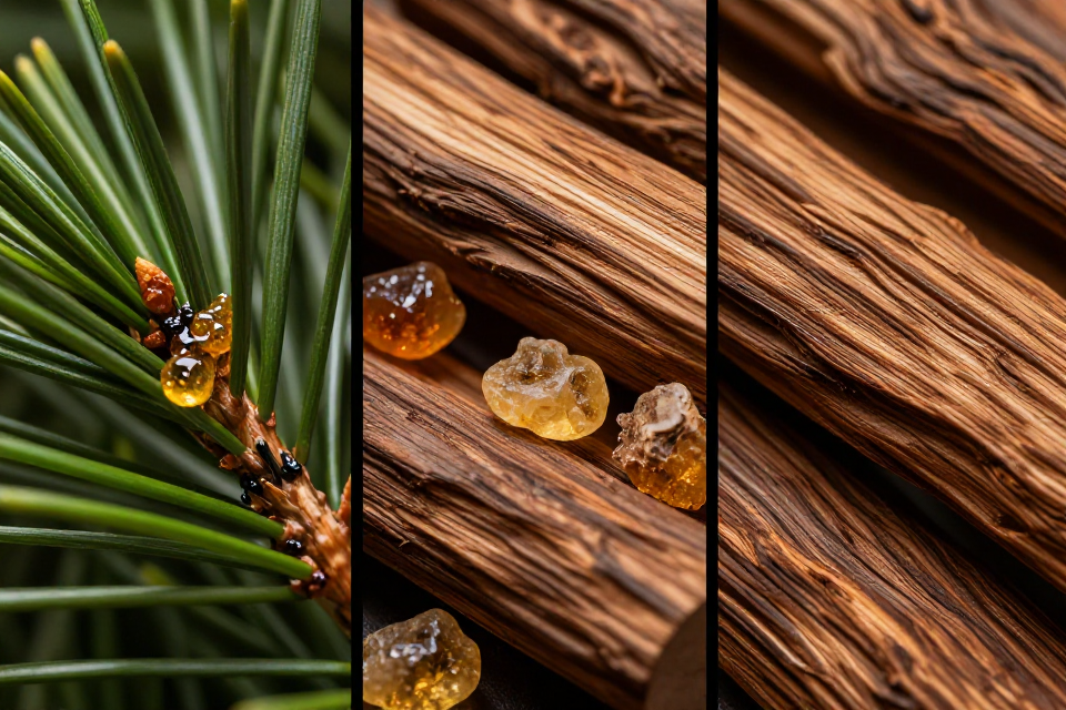 A three-panel triptych showcasing fresh pine needles, rich amyris wood next to golden benzoin, and rich textured cedarwood logs from mountain ranges.