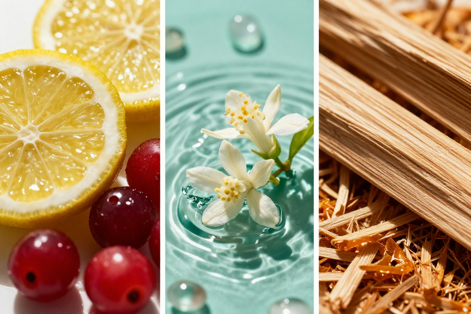A three-panel triptych showcasing bergamot and red berries, white water jasmine blossoms, and cedarwood logs next to warm amber wood shavings.