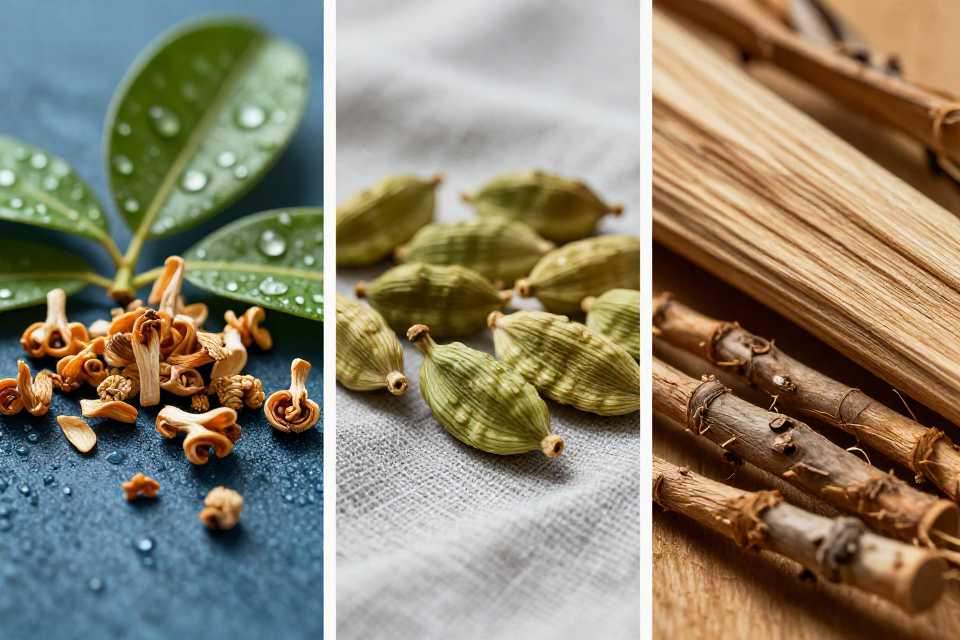 A three-panel triptych showcasing bergamot and green leaves, cardamom pods on linen, and cedarwood logs next to vetiver roots.