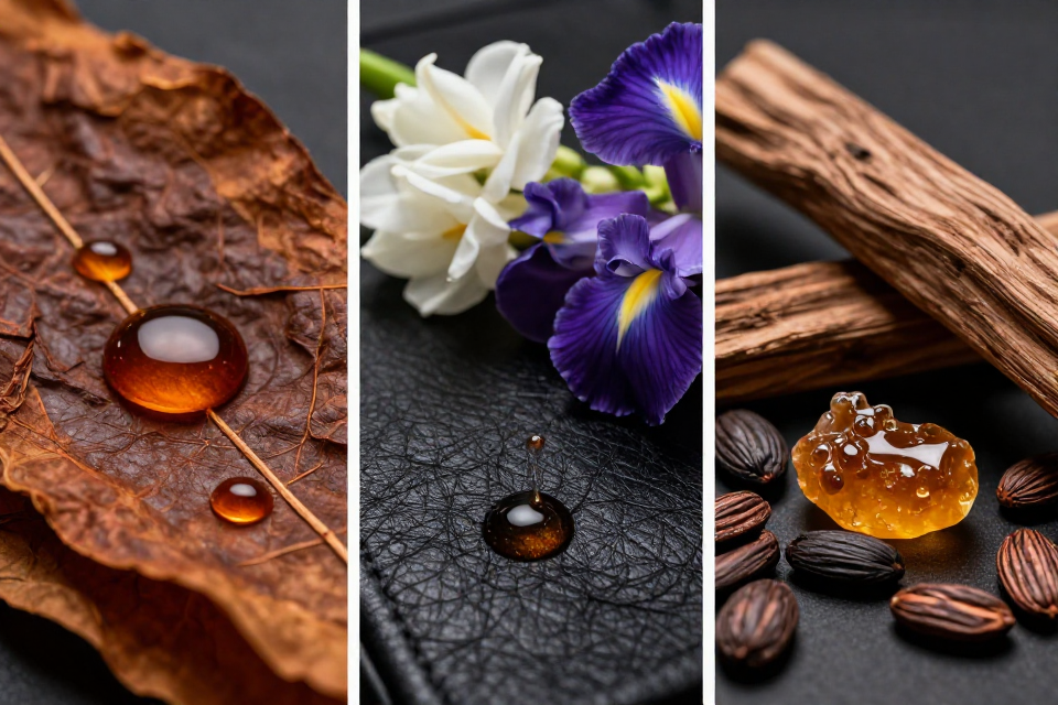 A three-panel triptych showcasing rum and tobacco leaves, black leather with tuberose and iris petals, and benzoin resin next to tonka beans and guaiac wood.