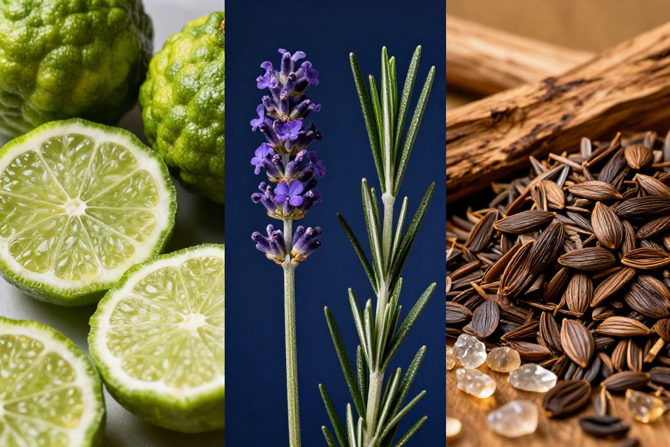 A three-panel triptych showcasing green mandarin and bergamot, purple lavandin spikes next to rosemary, and tonka bean seeds beside cedarwood logs.