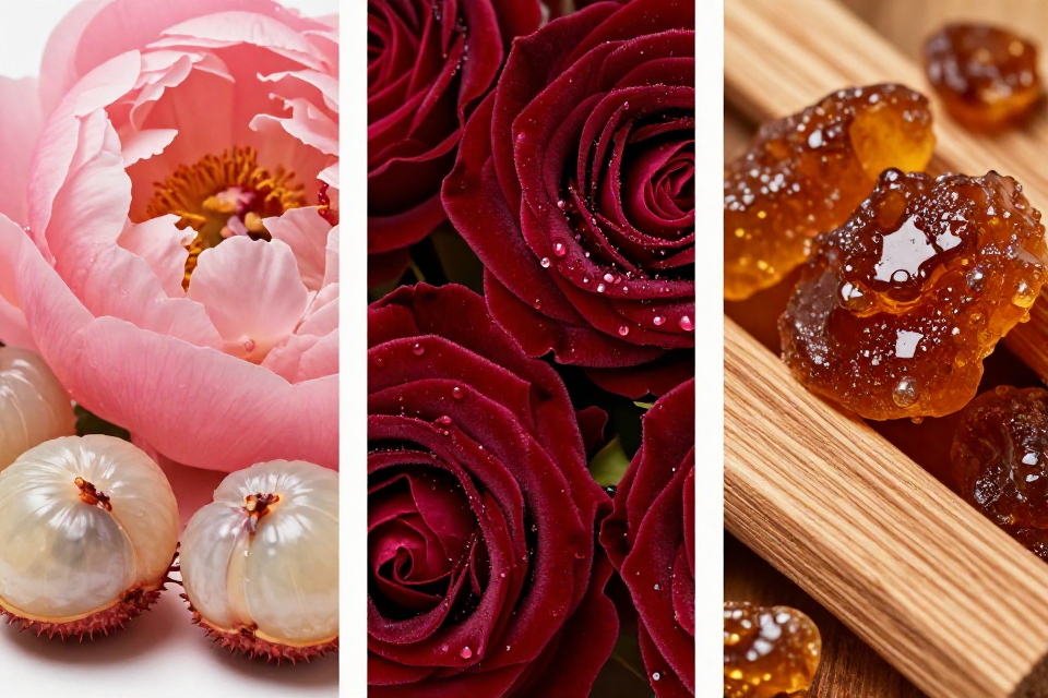 A three-panel triptych showcasing pink peony and litchi, velvety damask rose blooms, and warm amber resin chunks next to cedarwood logs.