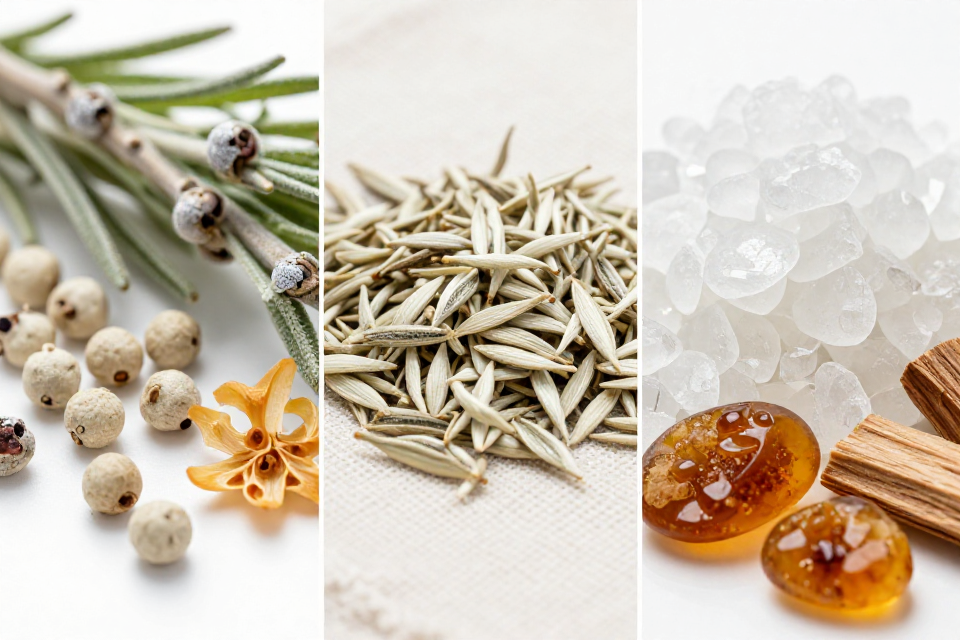 A three-panel triptych showcasing artemisia and white pepper, white tea leaves on linen, and soft white musk next to ambergris and cedarwood.
