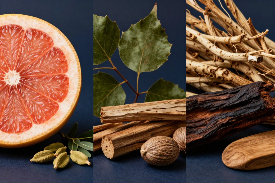 A three-panel triptych showcasing grapefruit and cardamom, birch leaves beside nutmeg and cedar, and smoky vetiver roots next to guaiac wood and sandalwood.