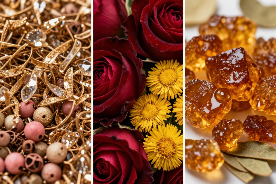 A three-panel triptych showcasing bergamot and pink peppercorns, damask rose alongside golden immortelle flowers, and glowing amber resin with benzoin tears.