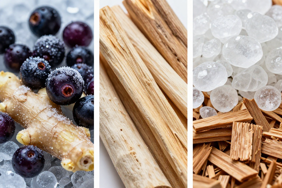 A three-panel triptych showcasing juniper berries and frozen ginger, sandalwood next to orris roots, and clearwood with white musk and cedarwood.