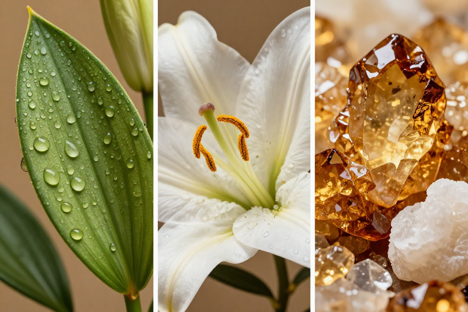 A three-panel triptych showcasing green lily leaves with dew, majestic white lily petals with golden pollen, and glowing amber crystals next to soft white musk.