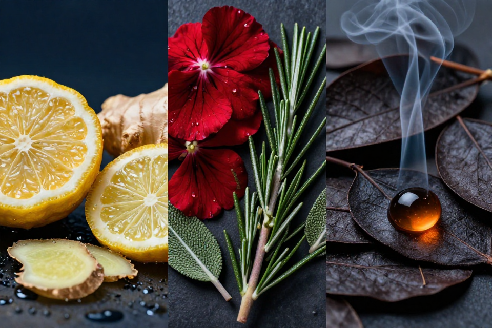 A three-panel triptych showcasing bergamot and ginger with ocean spray, geranium petals next to rosemary and clary sage, and patchouli leaves beside glowing incense tears.