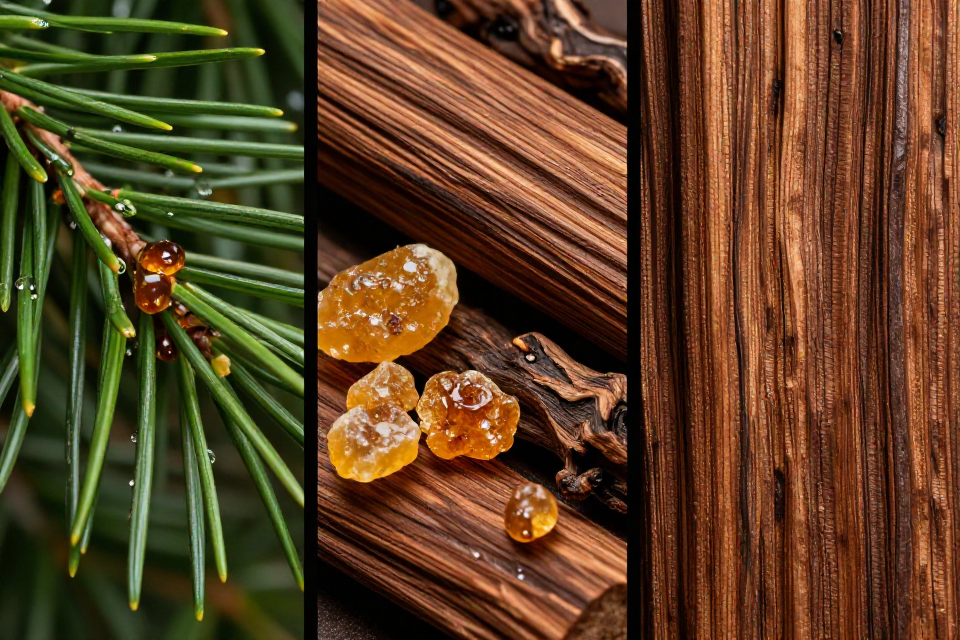A three-panel triptych showcasing fresh pine needles, rich amyris wood next to golden benzoin, and rich textured cedarwood logs from mountain ranges.