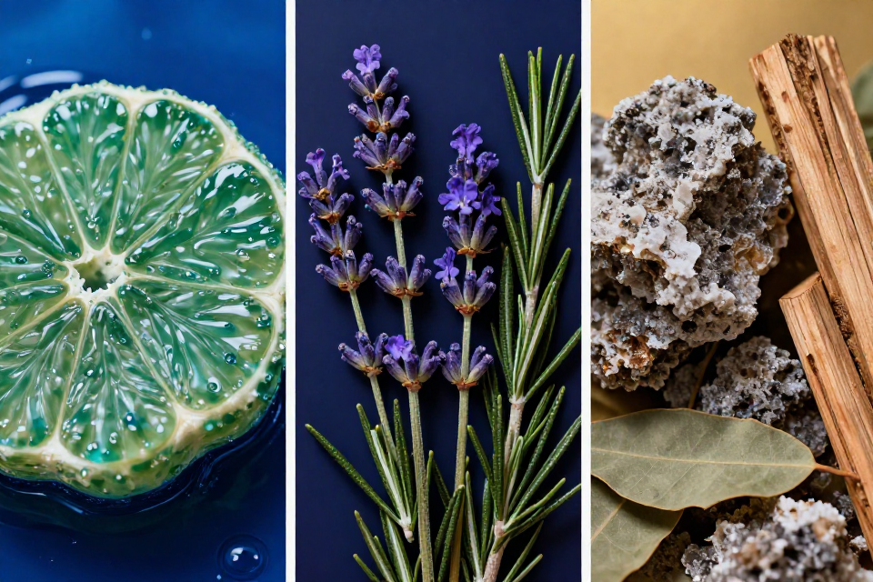 A three-panel triptych showcasing green mandarins with ocean spray, lavender and rosemary next to cypress needles, and mineral rock formations beside cedarwood logs.
