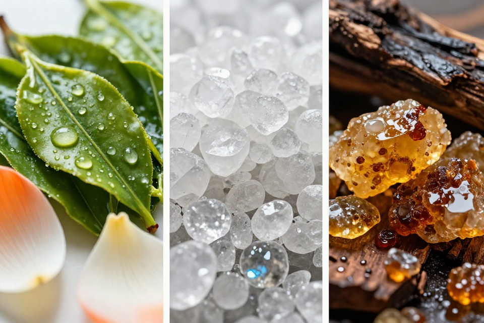 A three-panel triptych showcasing green tea and lotus petals with rain drops, white musk next to quartz crystals, and mineral amber chunks beside guaiac wood.