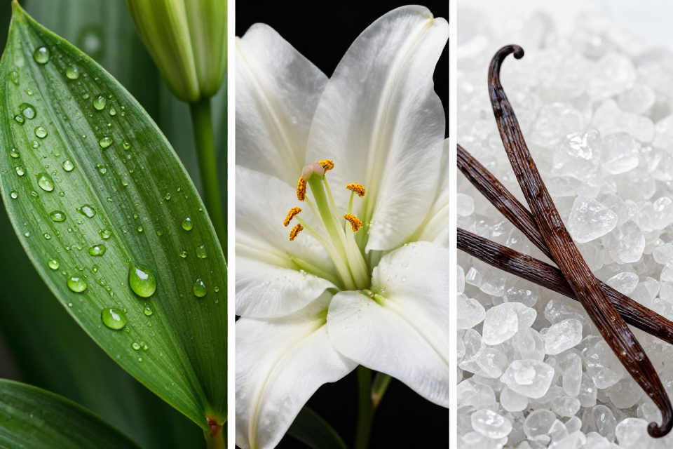 A three-panel triptych showcasing green lily leaves with dew drops, majestic white lily petals with stamens, and soft white musk next to vanilla pods.
