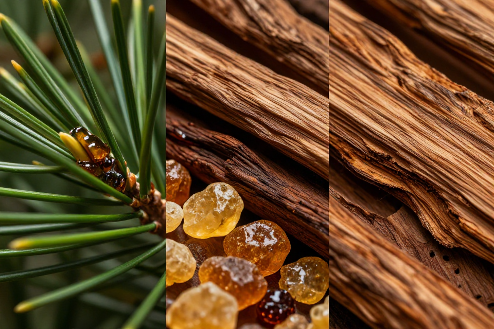 A three-panel triptych showcasing fresh pine needles, rich amyris wood next to golden benzoin, and rich textured cedarwood logs from mountain ranges.