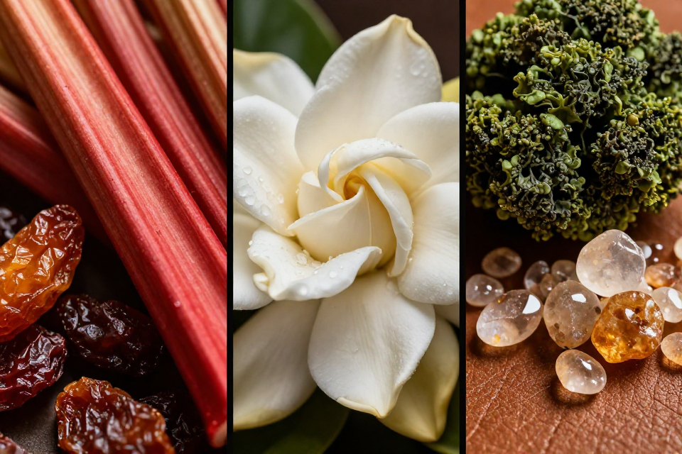 A three-panel triptych showcasing rhubarb stalks and dried fruit, white gardenia petals with dewdrops, and oakmoss next to musk crystals and leather grain.