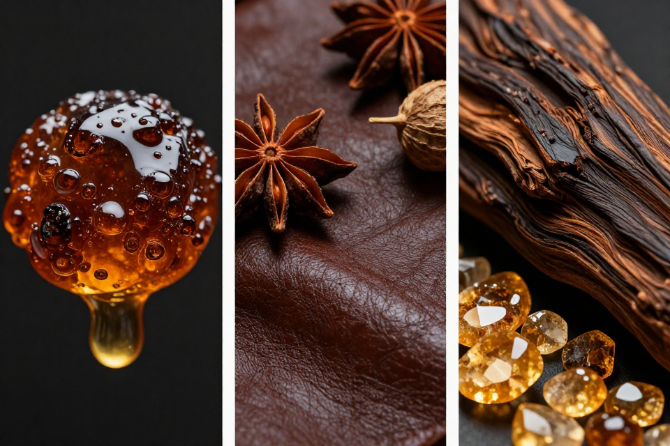 A three-panel triptych showcasing labdanum resin tears, dark leather grain with exotic spices, and carved oud wood next to golden amber crystals.