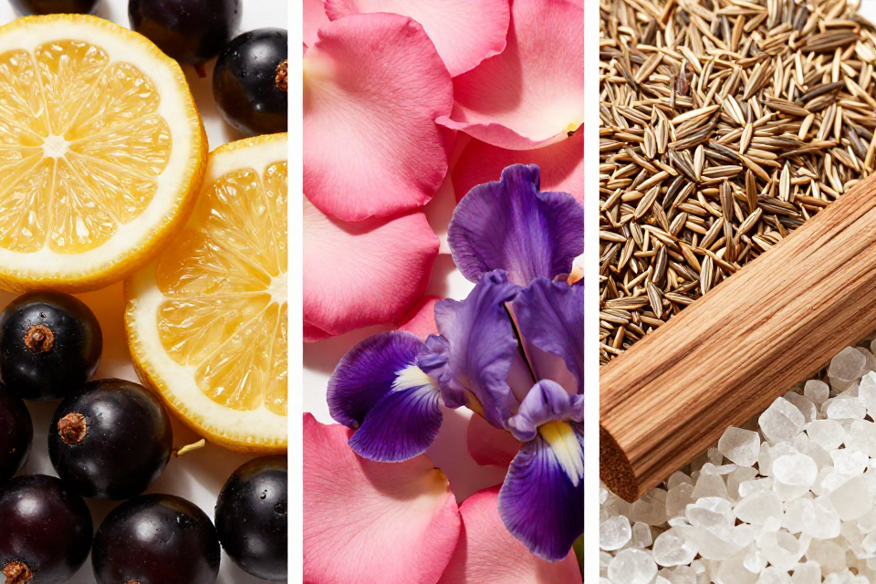 A three-panel triptych showcasing bergamot and blackcurrants, pink centifolia roses next to iris blooms, and ambrette seeds beside cedarwood logs.