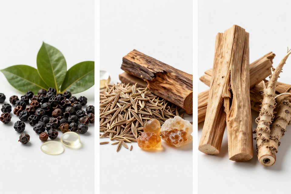 A three-panel triptych showcasing black pepper and frankincense, cumin seeds next to cedarwood pieces, and sandalwood logs beside vetiver roots.