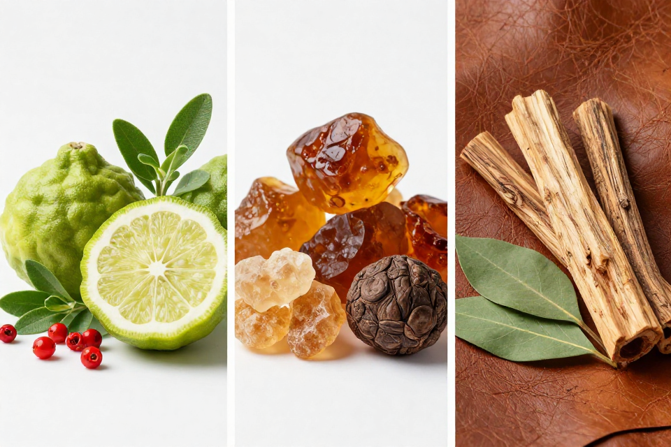 A three-panel triptych showcasing bergamot, oregano, and pimento berries, amber chunks and frankincense, and leather beside agarwood, patchouli, and sandalwood.