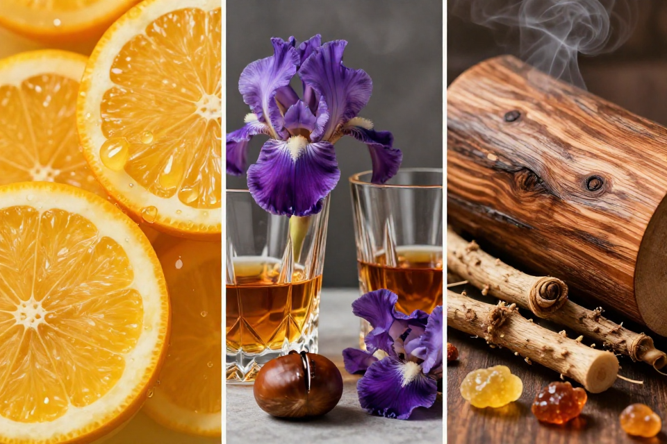 A three-panel triptych showcasing bergamot, purple iris flowers next to chestnuts and amber whiskey, and cedarwood logs beside vetiver roots and benzoin resin.