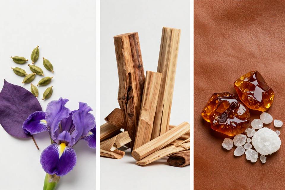 A three-panel triptych showcasing cardamom pods and iris, sandalwood and cedarwood logs next to papyrus, and leather beside amber and musk.