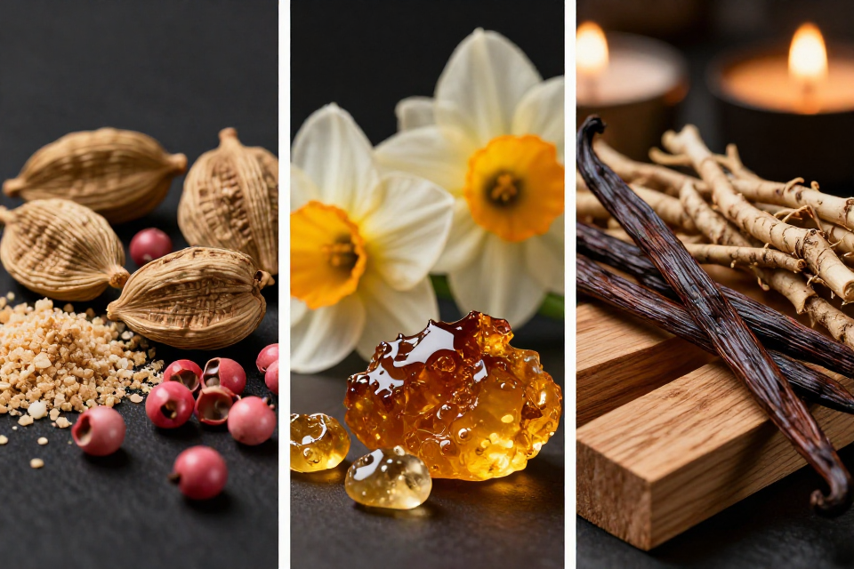 A three-panel triptych showcasing cardamom and nutmeg, narcissus flowers next to golden amber resin, and vetiver roots beside vanilla pods.