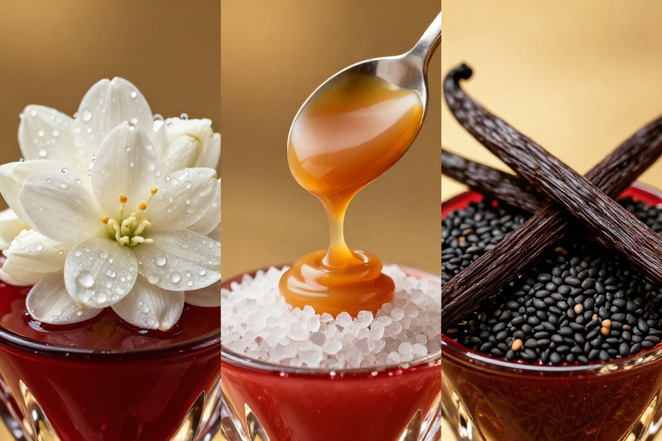 A three-panel triptych showcasing white jasmine blossoms, dripping salted caramel next to sea salt crystals, and vanilla pods beside black sesame seeds.