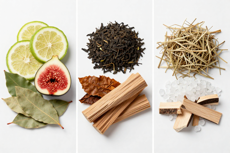 A three-panel triptych showcasing bergamot and fig leaves, black tea leaves next to tobacco and cedarwood, and dry hay beside musk and birch.