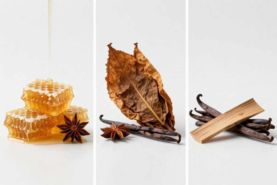 A three-panel triptych showcasing honey combs and anise, dried tobacco leaves next to vanilla pods, and tonka beans beside sandalwood and oud.