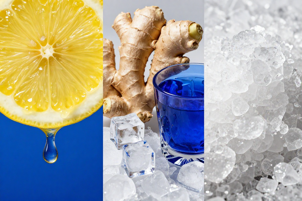 A three-panel triptych showcasing lemons and blue water, ginger roots next to ice cubes, and white musk crystals beside ambroxan chunks.