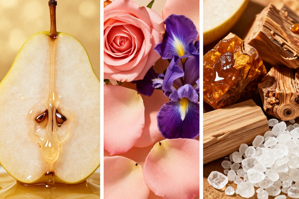 A three-panel triptych showcasing juicy pear nectar, radiant pink rose petals next to iris blooms, and amber wood chunks beside cedar logs.