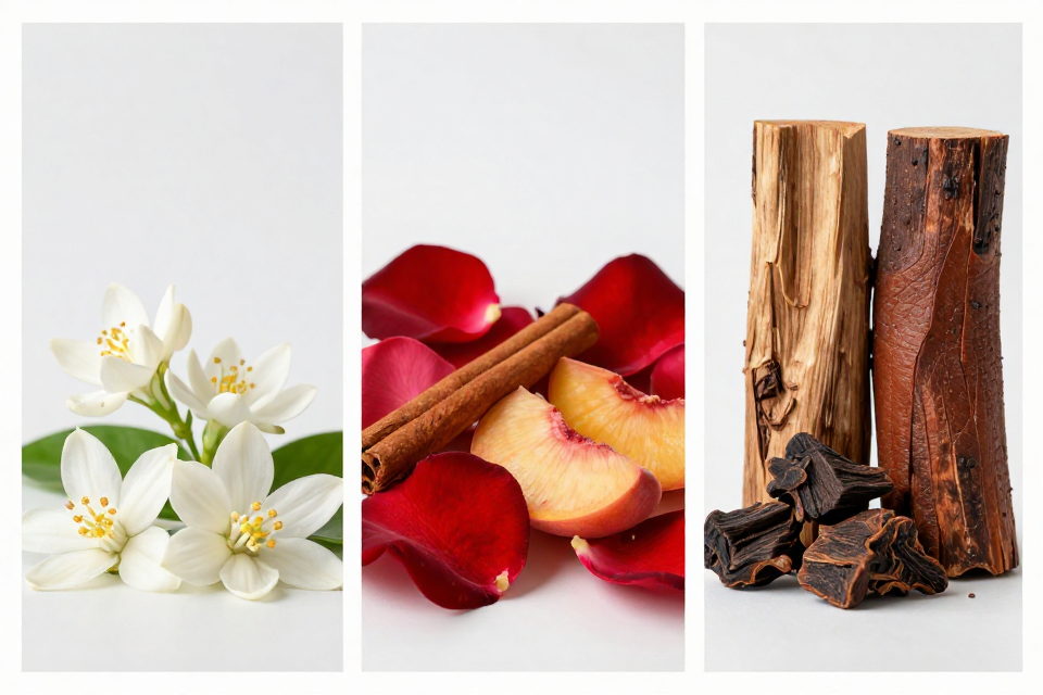 A three-panel triptych showcasing neroli and jasmine, rose petals next to cinnamon and peach, and sandalwood logs beside leather and oud wood.