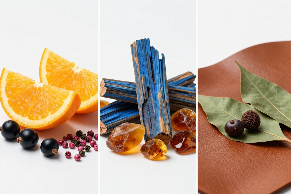 A three-panel triptych showcasing mandarin oranges and black currants, blue oud wood next to amber chunks, and supple leather beside oakmoss and patchouli.