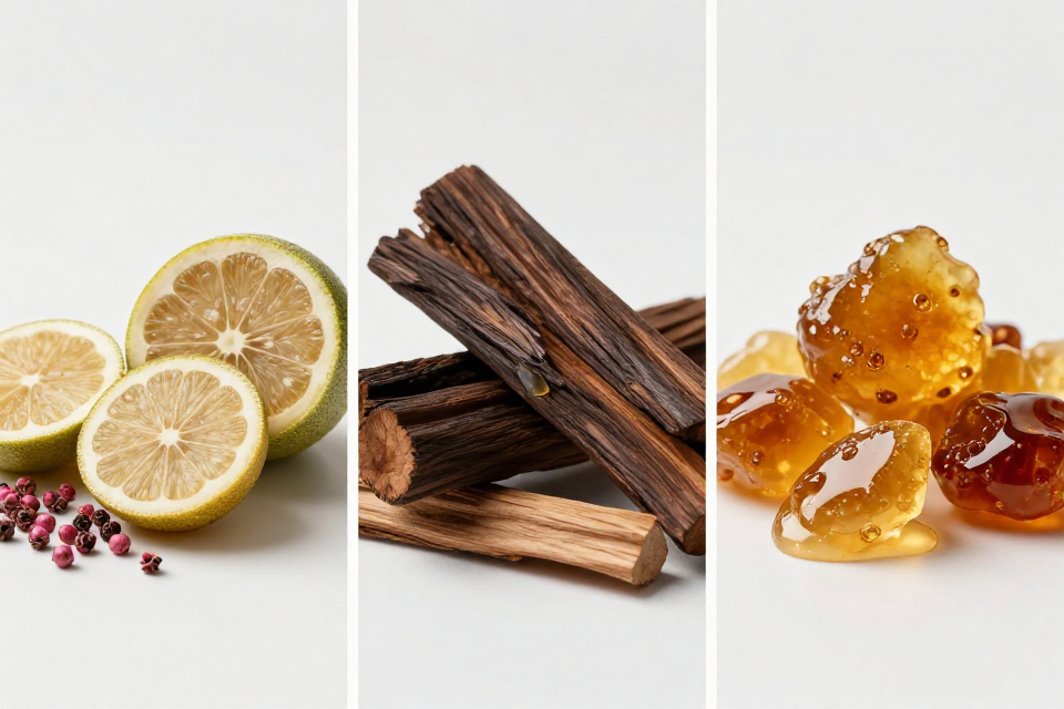 A three-panel triptych showcasing yuzu and pink peppercorns, dark oud wood next to cedarwood, and golden amber beside resin tears.
