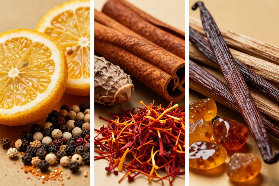 A three-panel triptych showcasing bergamot and mixed spices, cinnamon sticks next to nutmeg and saffron threads, and vanilla pods beside sandalwood logs.